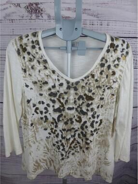 Weekends by Chico's Women's Top Size 2 (Large) Leopard Print V-Neck 3/4 J4